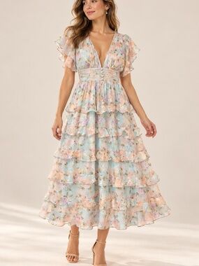 Storia Pastel Floral Tiered Ruffle Tea-Length Dress – Medium